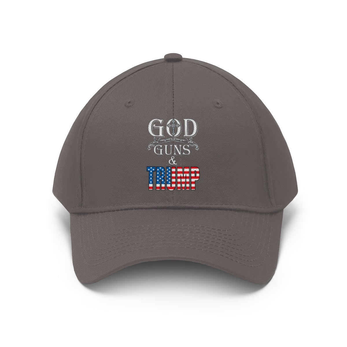 God Guns And Twill Cap Trump Patriotic Statement Hat featuring bold lettering and patriotic colors.