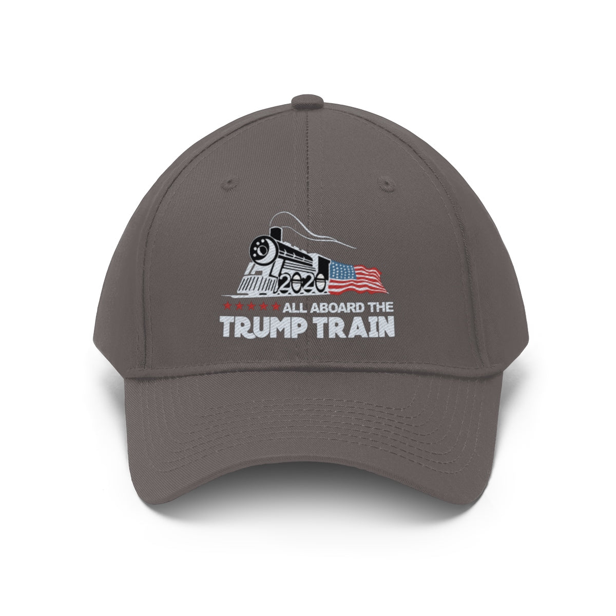 All Aboard The Trump Train 2020 Twill Cap featuring a train graphic and patriotic colors.