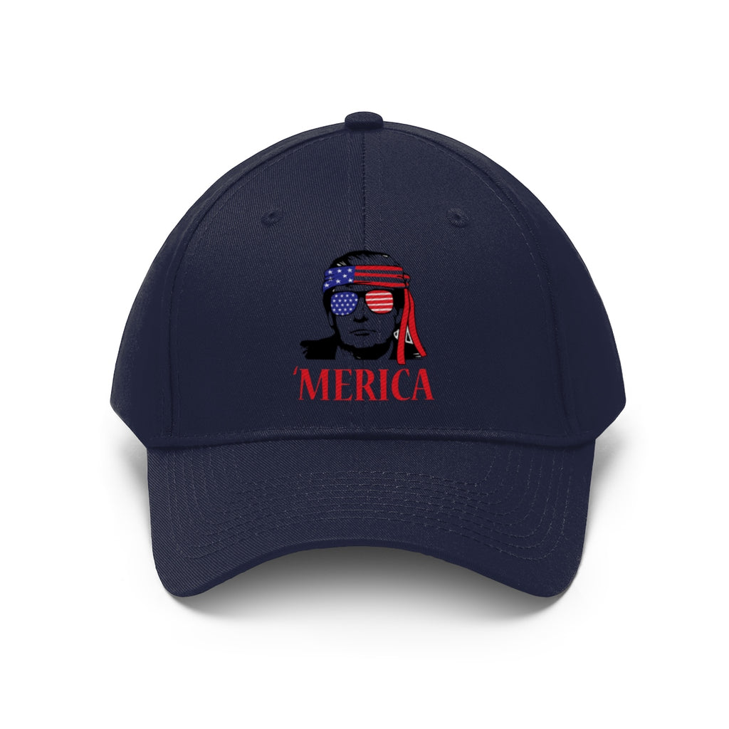 Classic Merica Baseball Cap with Trump Design featuring an American flag graphic and bold lettering.