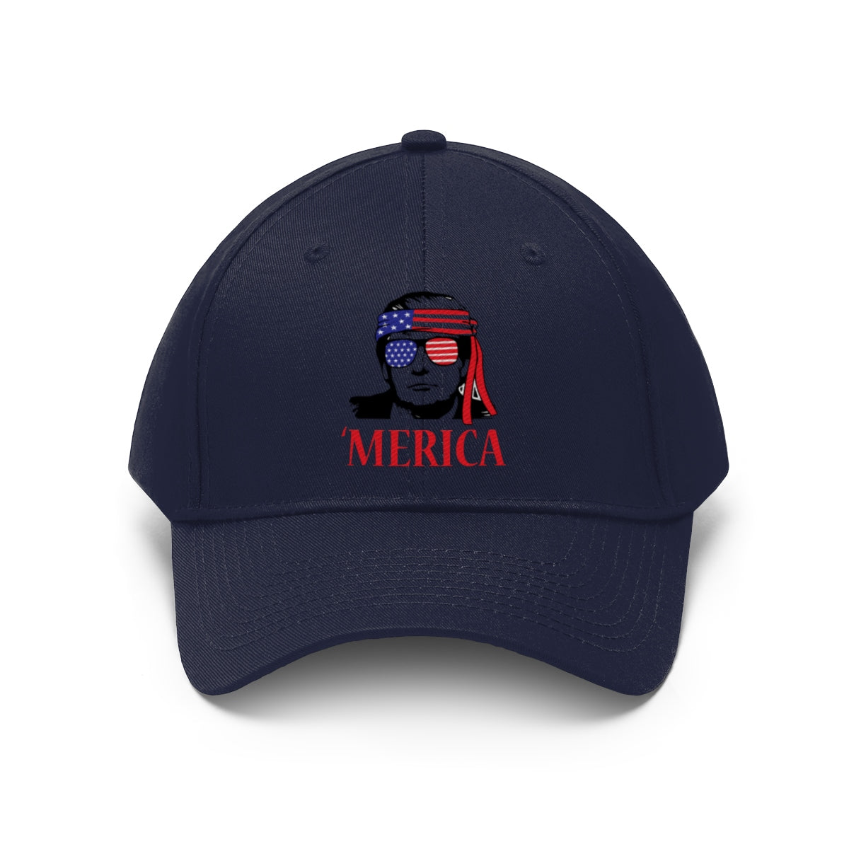 Classic Merica Baseball Cap with Trump Design featuring an American flag graphic and bold lettering.
