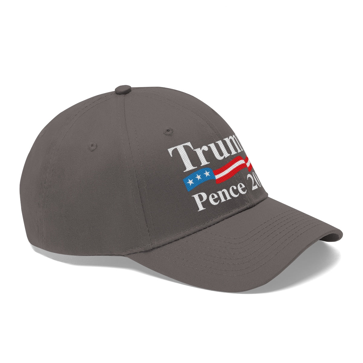 Trump Pence 2020 American Flag Twill Cap in a stylish gray color with embroidered campaign logo.