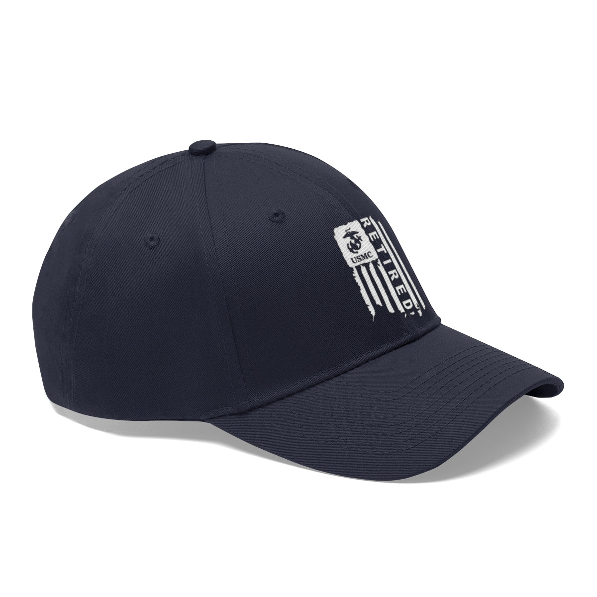 USMC Retired On Distressed American Flag Twill Cap side view on a white background