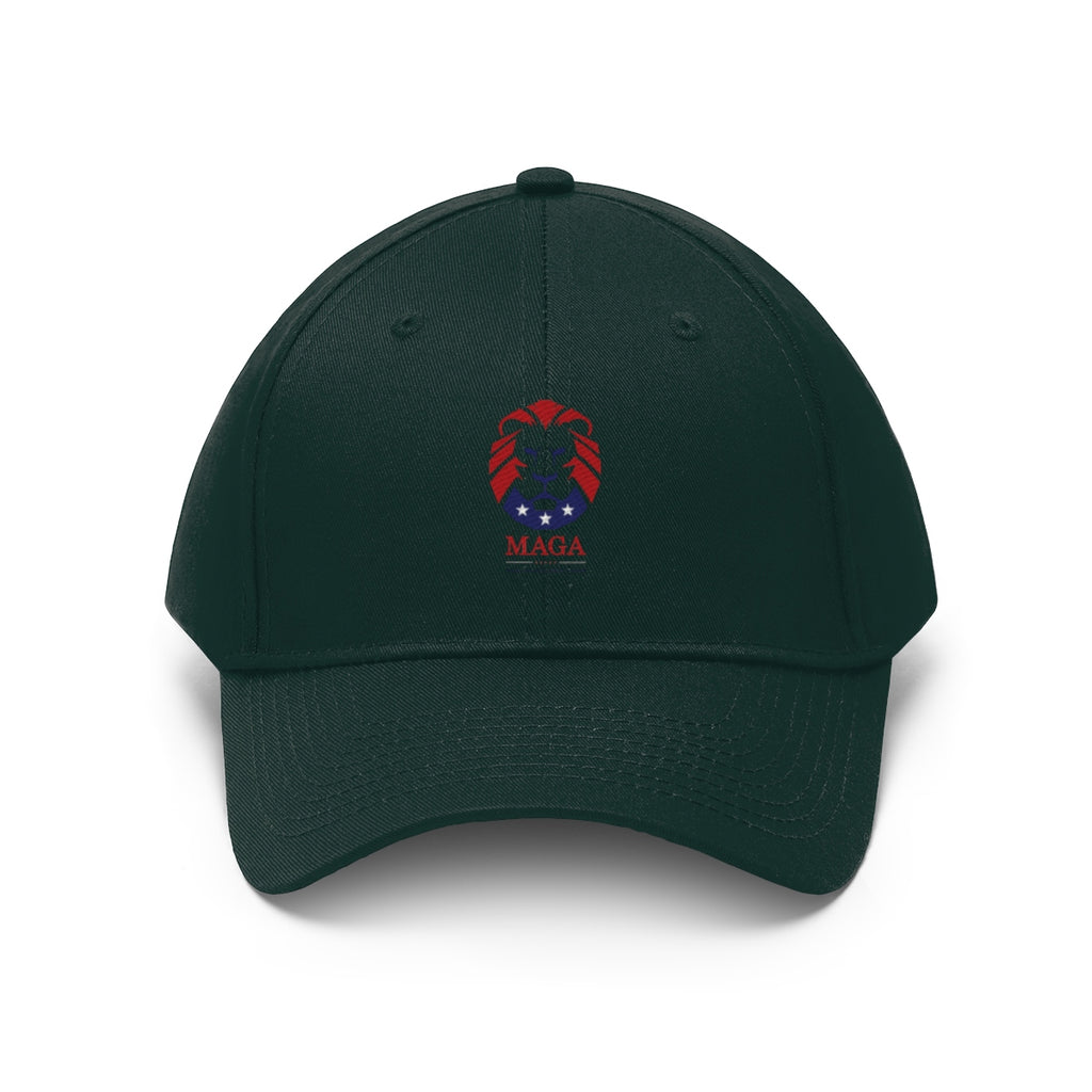 MAGA Lion Embroidered Cotton Twill Cap Design featuring a lion emblem and bold colors