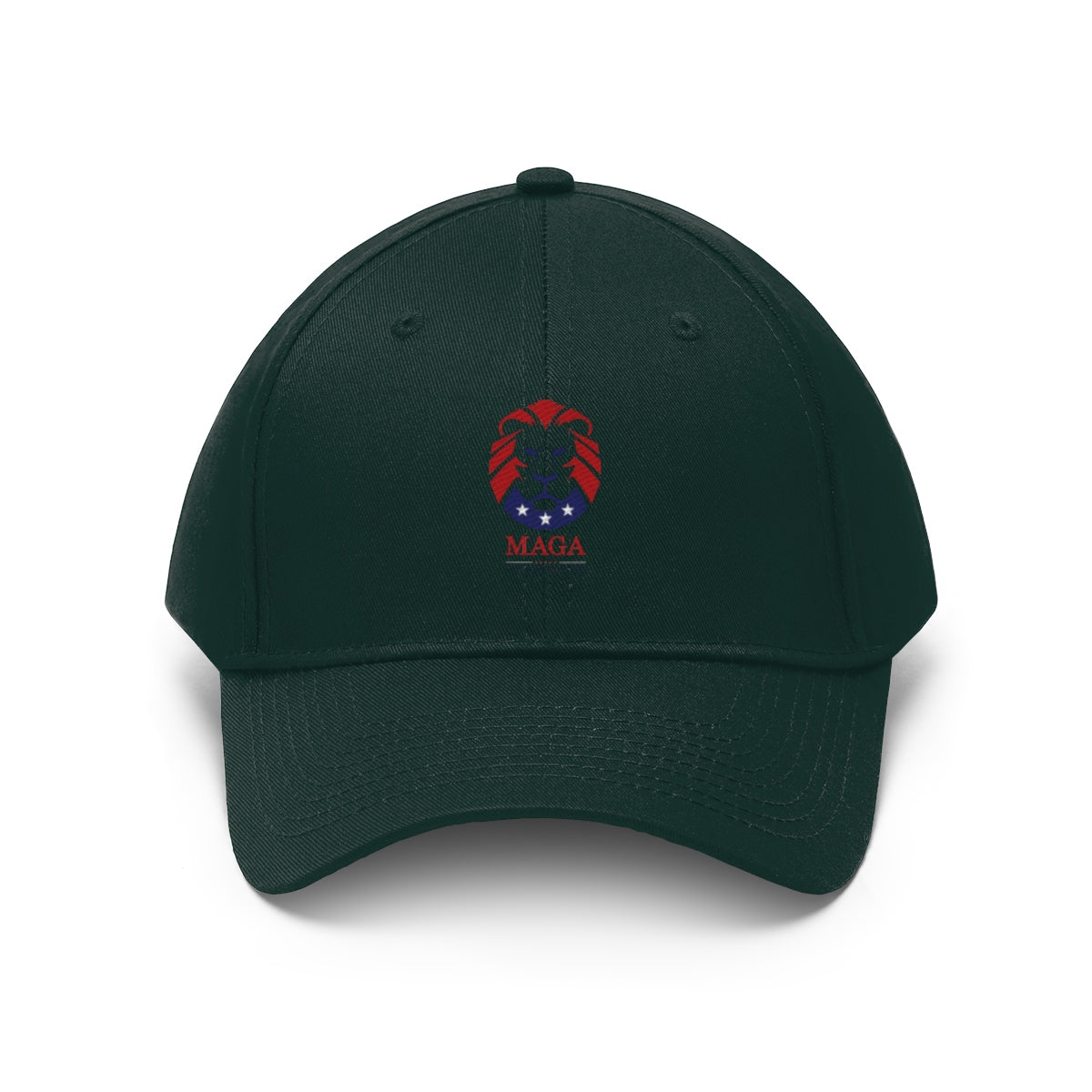 MAGA Lion Embroidered Cotton Twill Cap Design featuring a lion emblem and bold colors