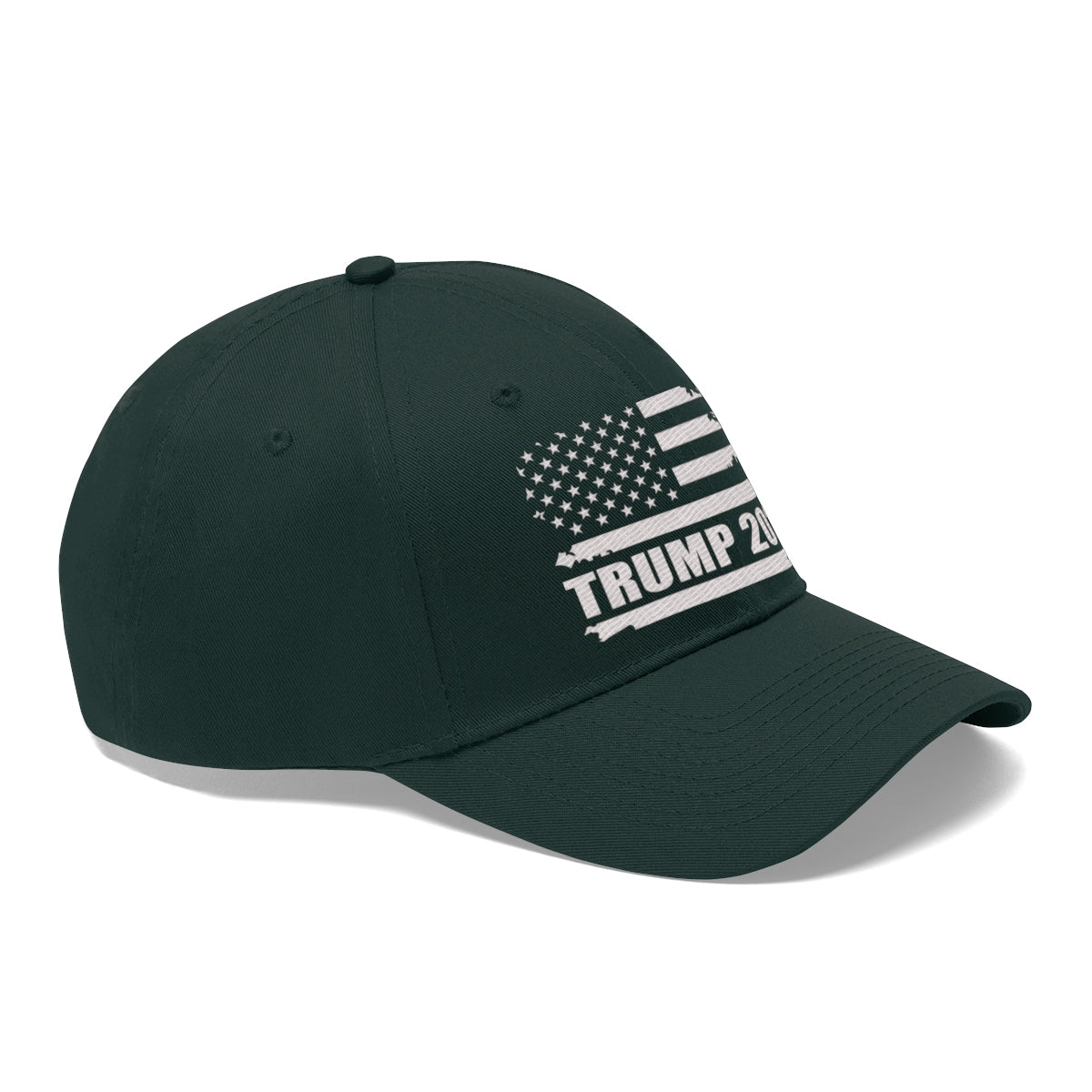 Trump 2020 Distressed American Flag Wht Ltrs Twill Cap displayed at an angle on a dark background.