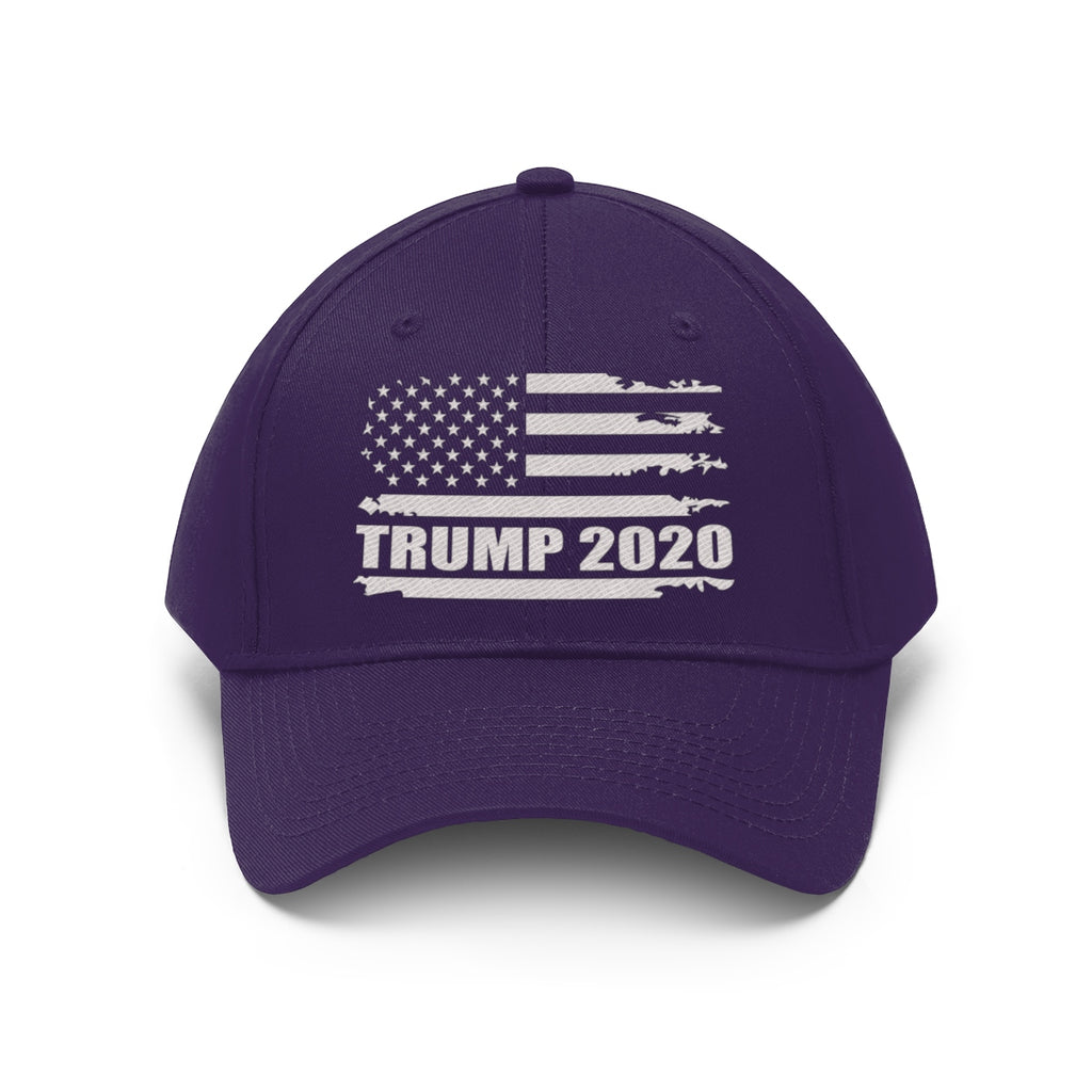 Trump 2020 Distressed American Flag Wht Ltrs Twill Cap featuring a purple design and classic unisex style.