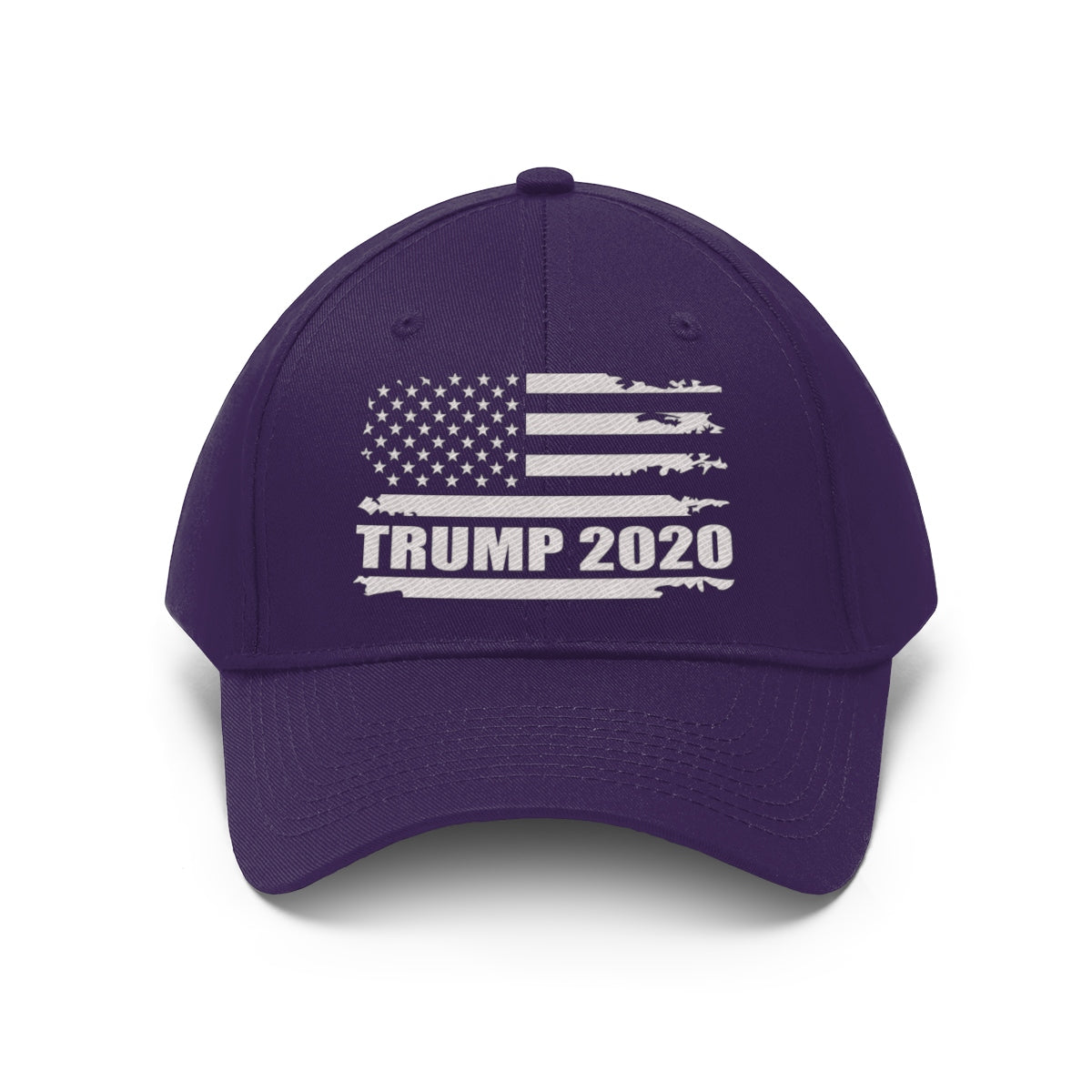 Trump 2020 Distressed American Flag Wht Ltrs Twill Cap featuring a purple design and classic unisex style.