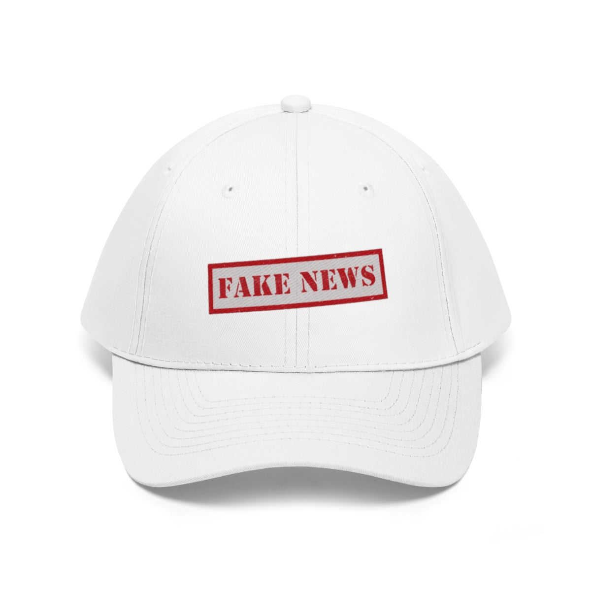 Fake News Twill Cap Bold Humor Casual Wear Hat displayed in white with red "FAKE NEWS" text.