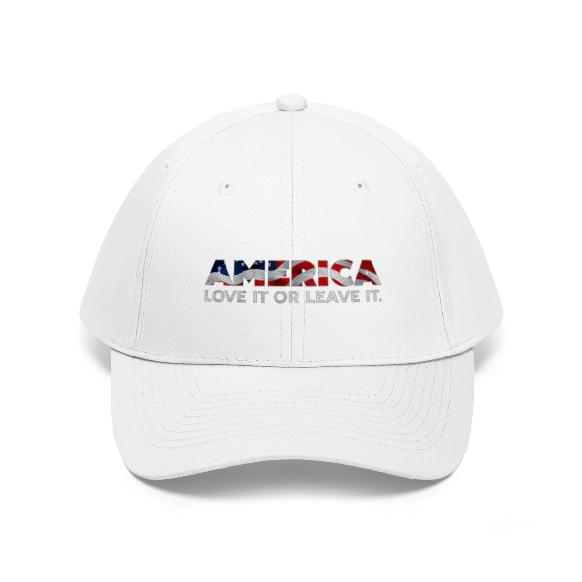 America Love It Or Leave It Twill Baseball Cap featuring patriotic text design on white fabric.