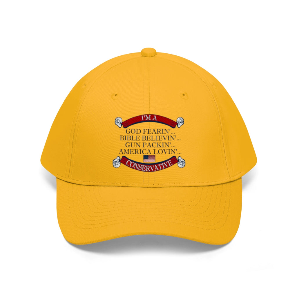 America Lovin' Conservative Twill Cap featuring bold text on a yellow baseball cap.