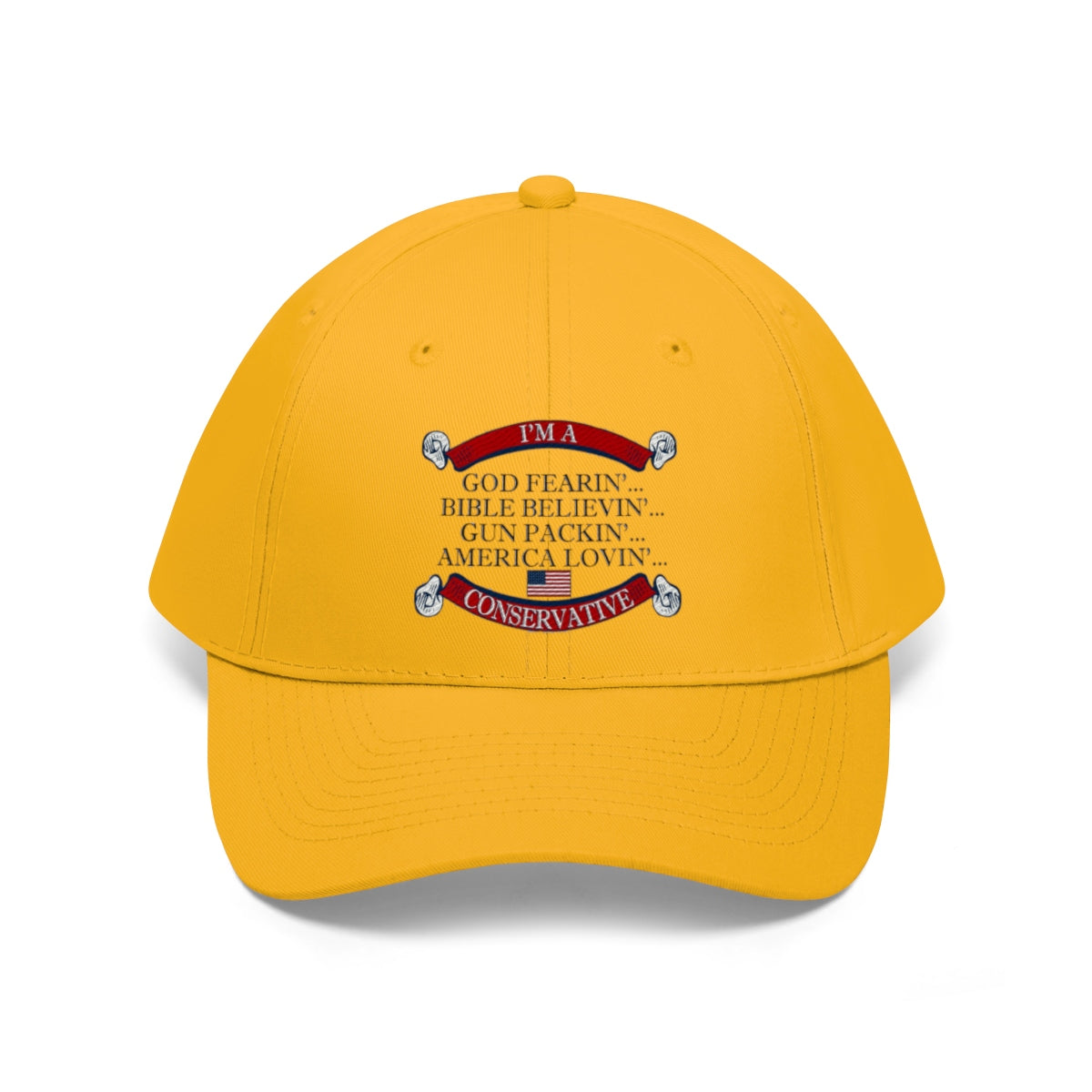 America Lovin' Conservative Twill Cap featuring bold text on a yellow baseball cap.