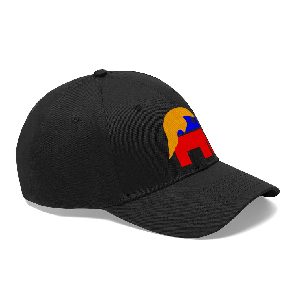 GOP Symbol With Trump Hair Twill Cap featuring a design of an elephant and Trump hairstyle on a black dad hat.