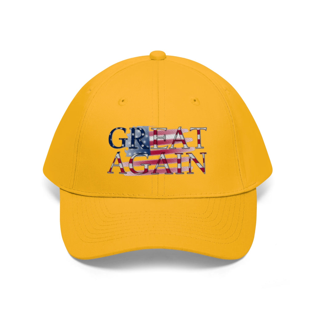 Great Again On Faded American Flag Twill Cap showcased on a yellow baseball hat with American flag design.