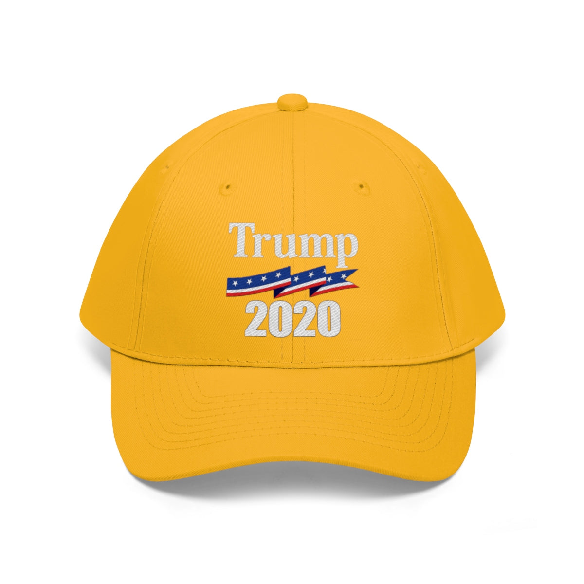 Patriotic 2020 Twill Cap for Trump in yellow with embroidered logo and campaign design.