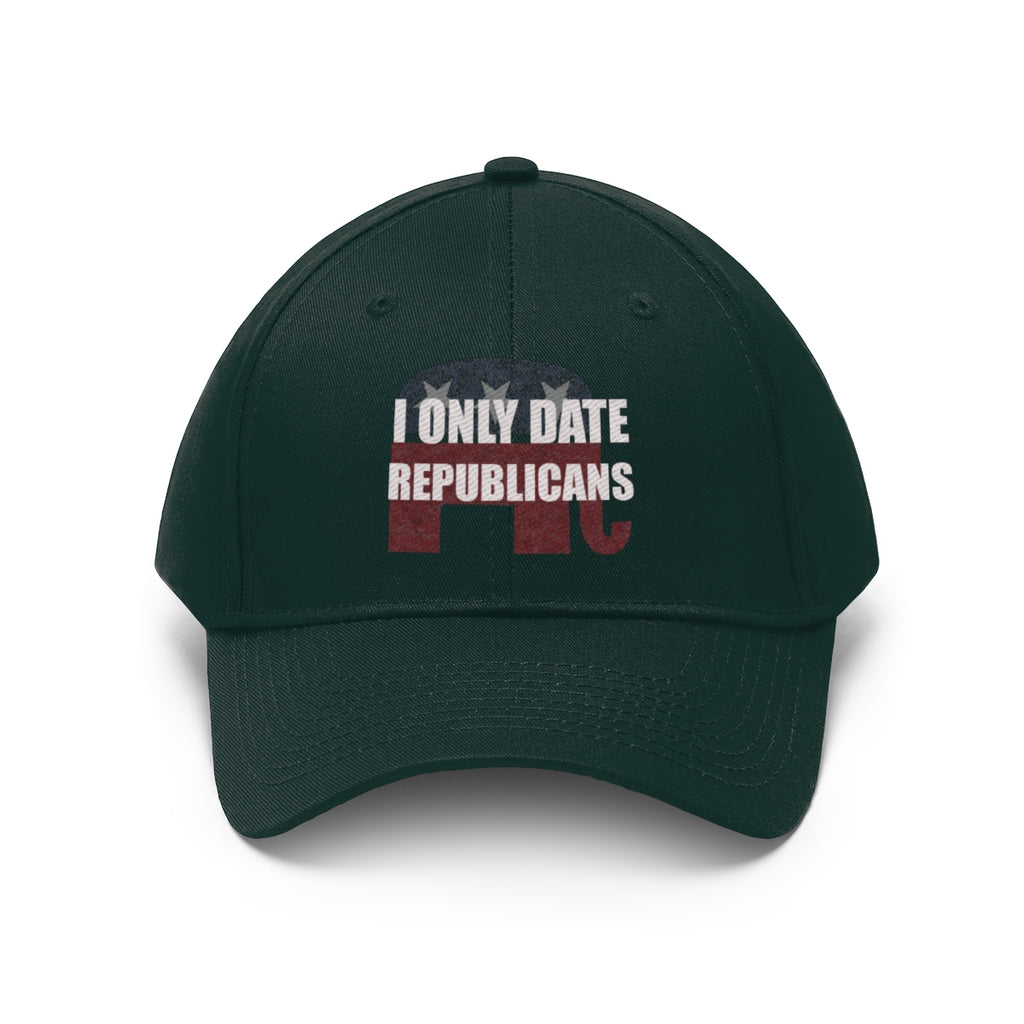 I Only Date Republicans Twill Cap featuring an American flag design on a stylish dark cap.