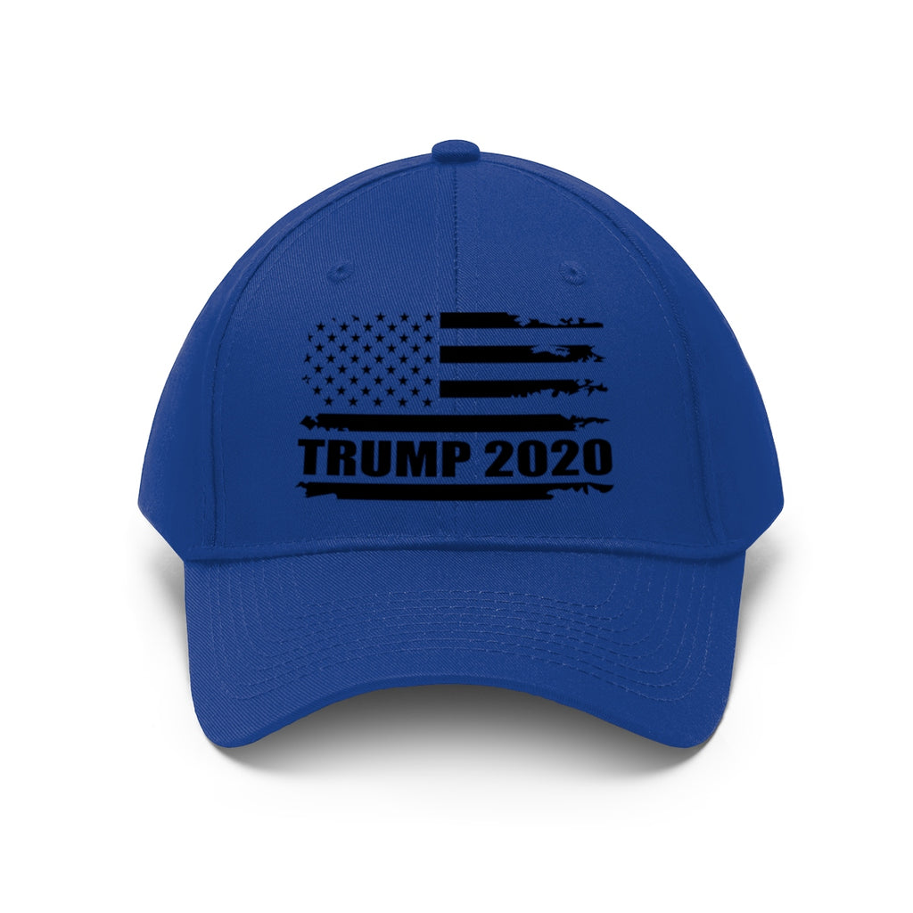 2020 Twill Cap Trump Bold Supporter Cap featuring a blue hat with Trump 2020 and American flag design.