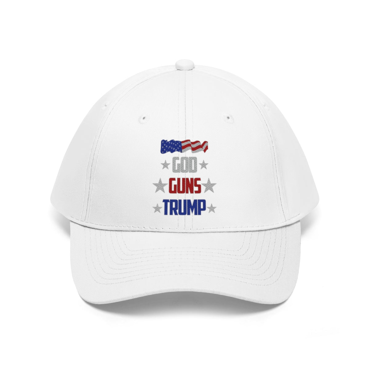 God Guns Trump Patriotic Twill Cap featuring an American flag design and bold text.