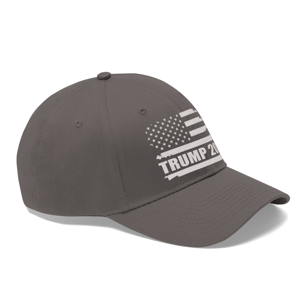 Trump 2020 Distressed American Flag Wht Ltrs Twill Cap in gray with American flag design.