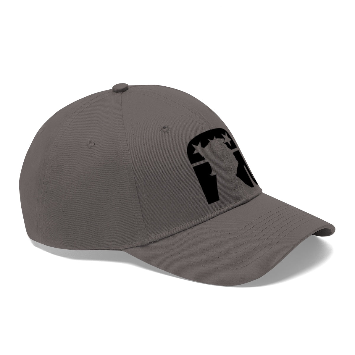 Trump Silhouette On GOP Symbol Twill Cap showcasing a bold political design on a gray cap.