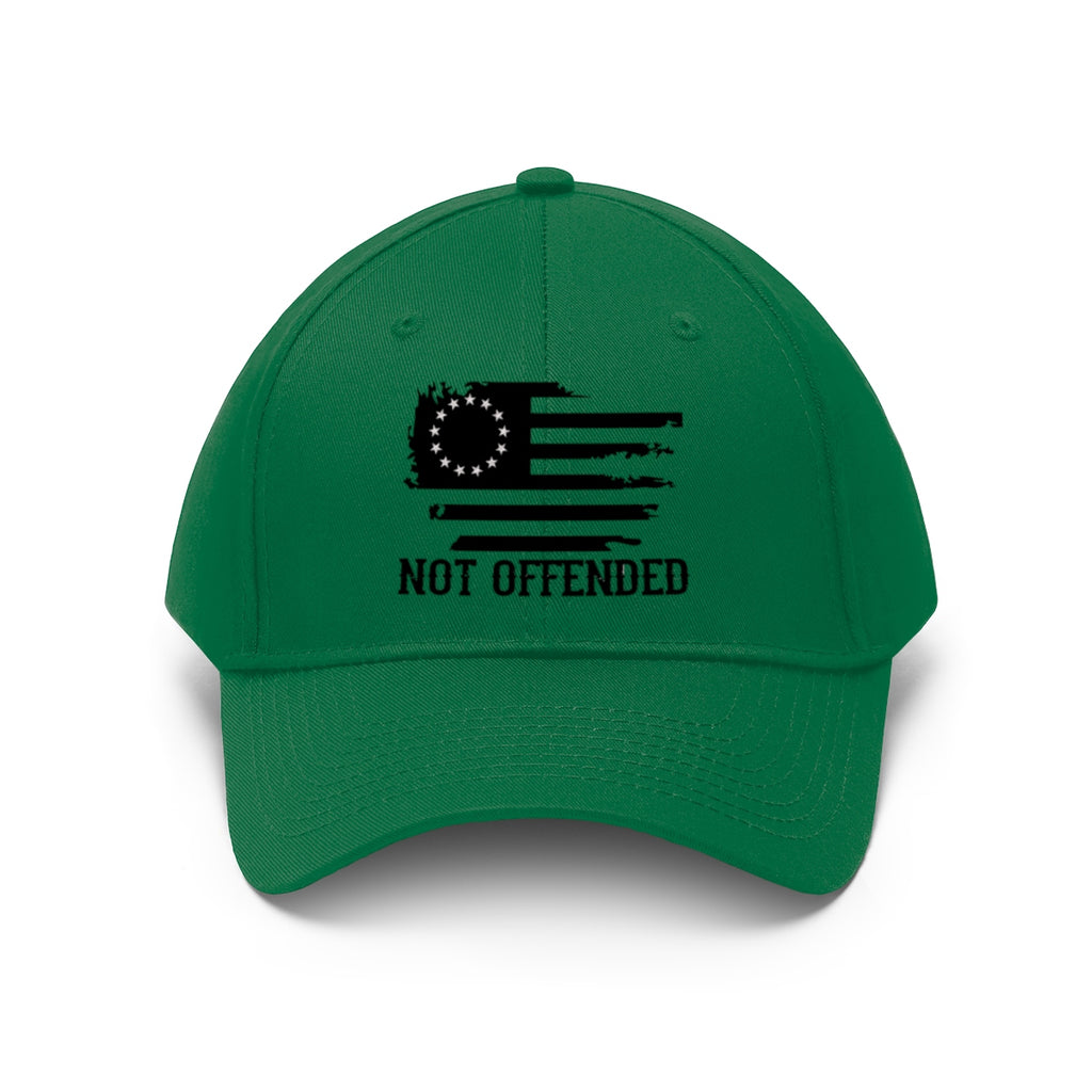 Embroidered Not Offended Casual Twill Hat in green with flag design and 'NOT OFFENDED' text.