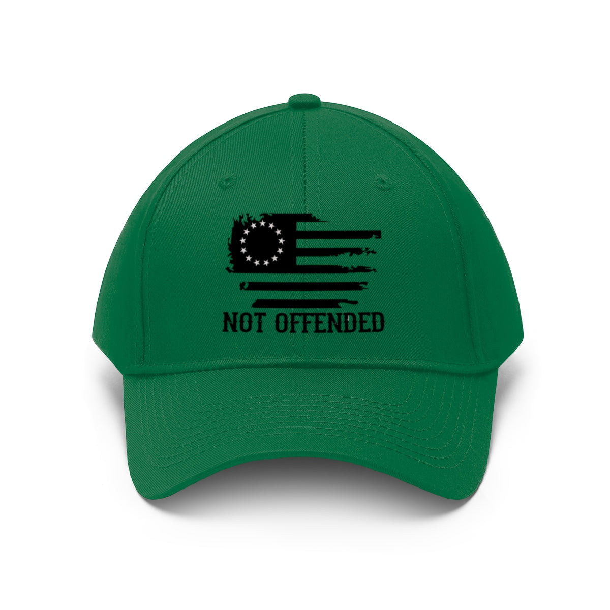 Embroidered Not Offended Casual Twill Hat in green with flag design and 'NOT OFFENDED' text.
