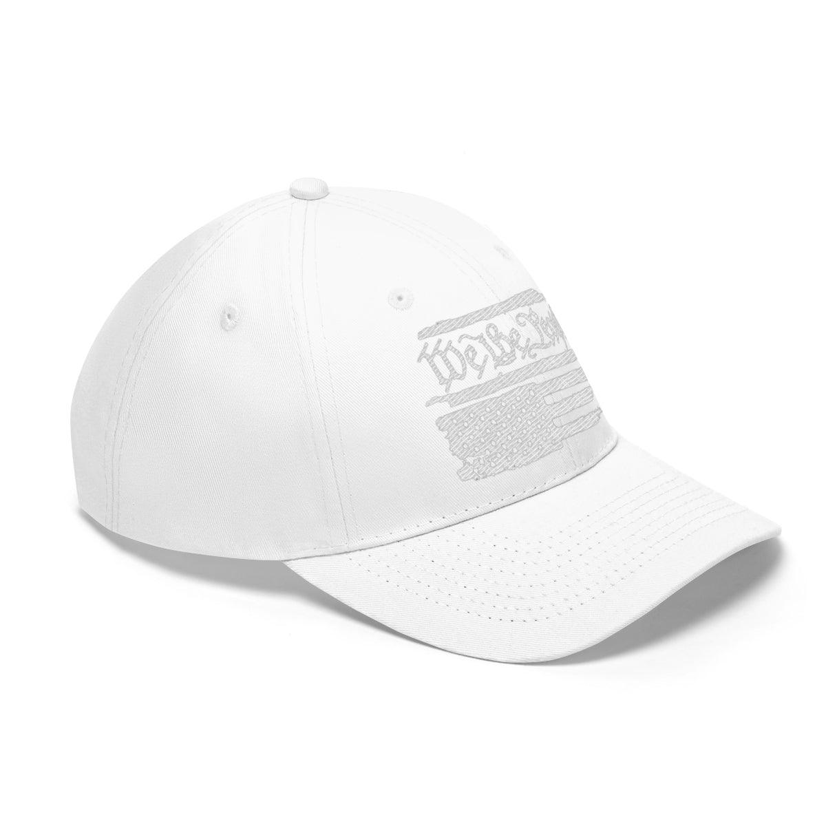 We The People On Distressed American Flag Twill Cap in white, showcasing patriotic design and comfortable fit.