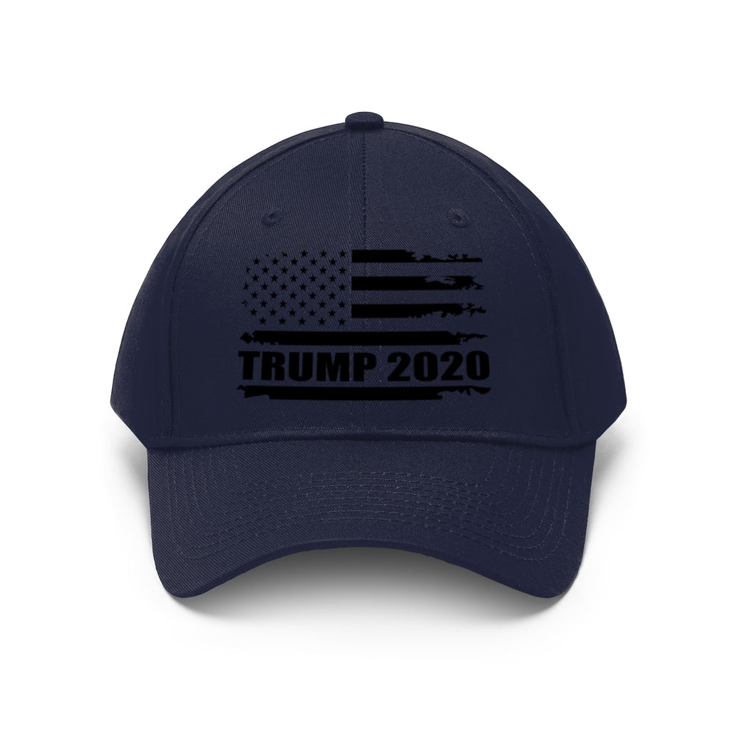 2020 Twill Cap Trump Bold Supporter Cap featuring a distressed American flag and bold Trump 2020 text.