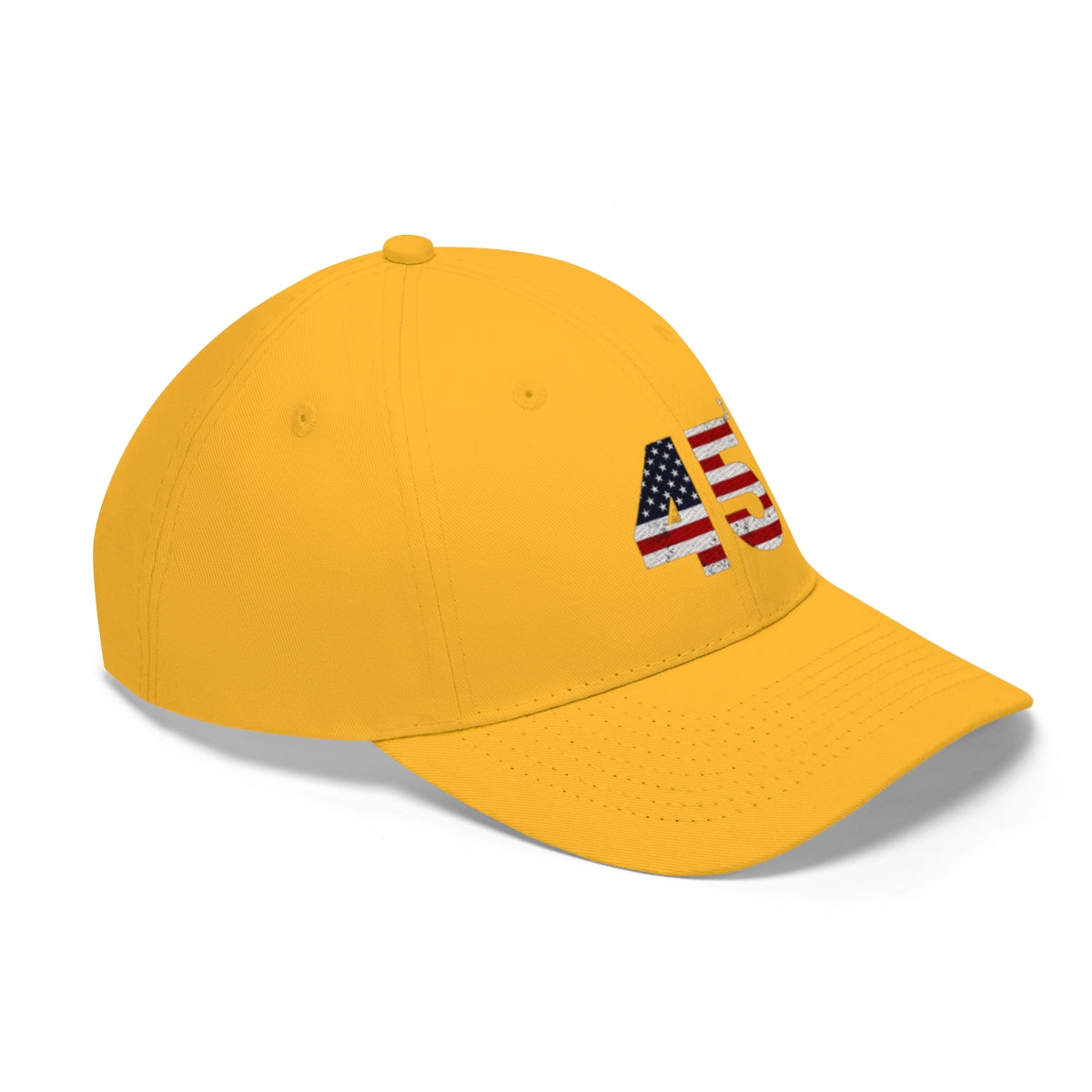 45 Squared Twill Cap Bold Numeric Statement Hat with yellow background and American flag design.