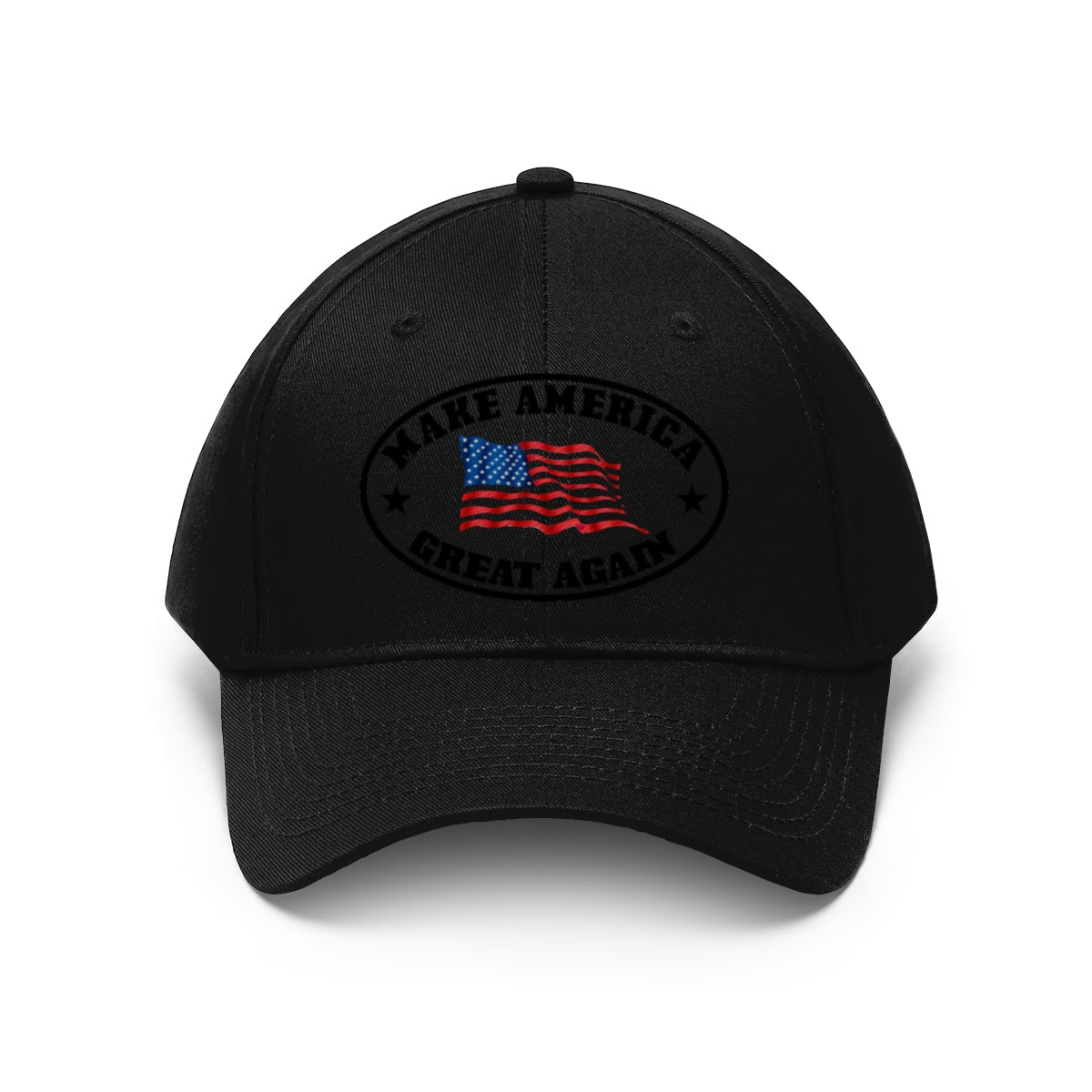 Make America Great Again US Flag Twill Cap featuring a bold design and classic campaign message.