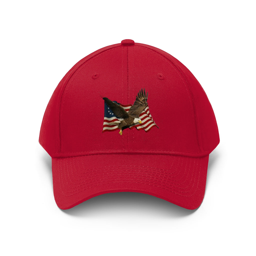Eagle On American Flag Twill Cap featuring an embroidered bald eagle and American flags on a red cap.