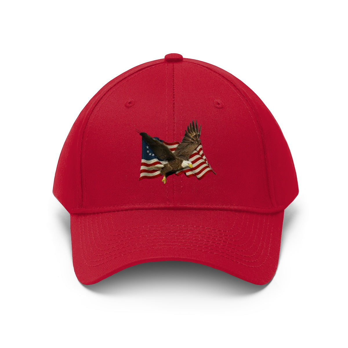 Eagle On American Flag Twill Cap featuring an embroidered bald eagle and American flags on a red cap.