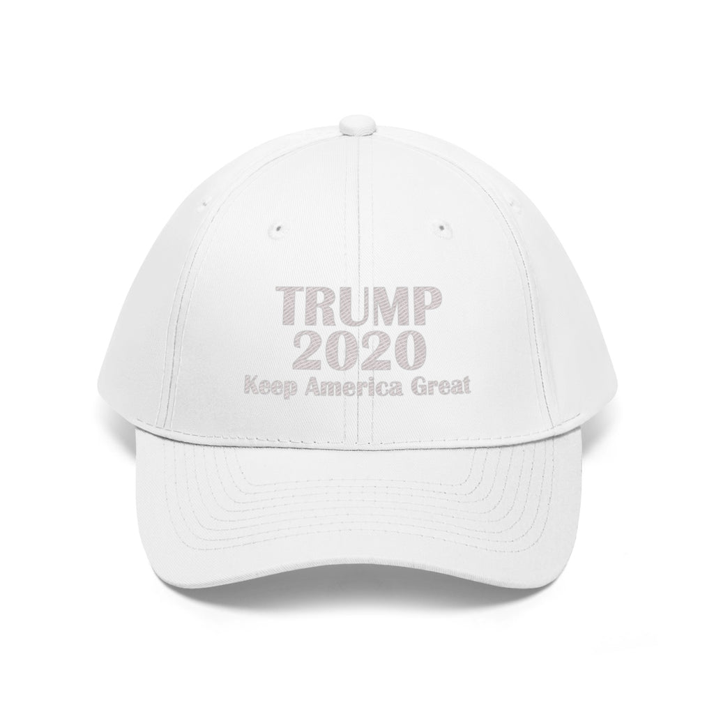 Trump 2020 Keep America Great Campaign Twill Cap in white color featuring embroidered text.