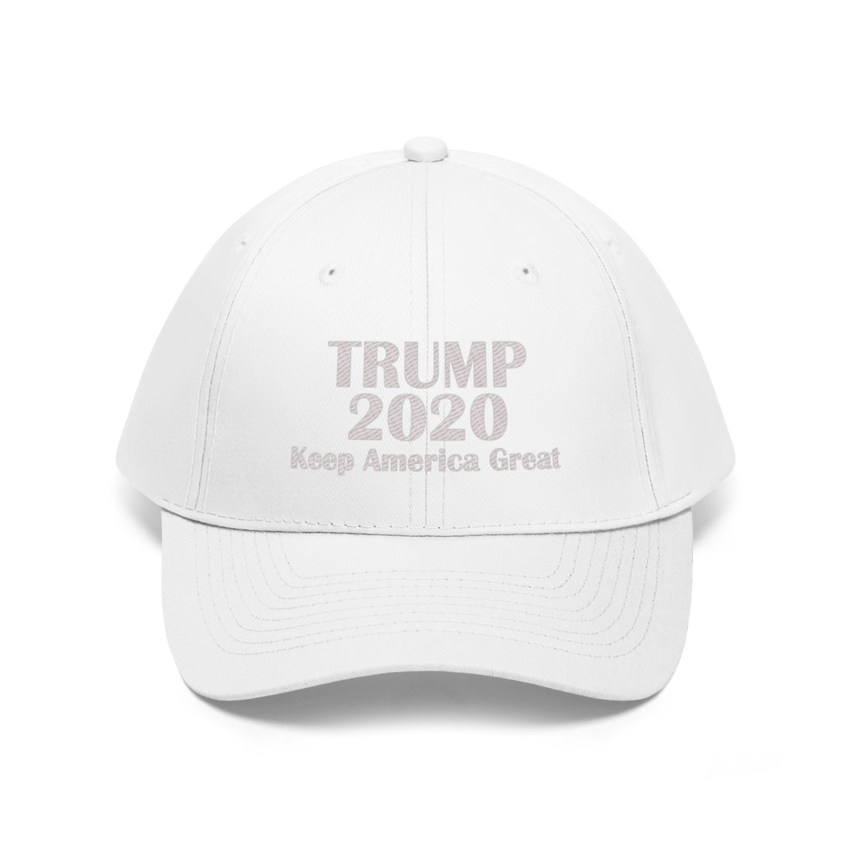 Trump 2020 Keep America Great Campaign Twill Cap in white color featuring embroidered text.