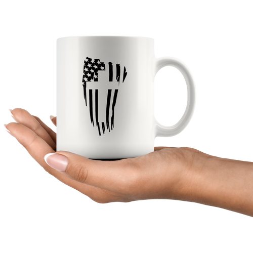 Ceramic mug with Cross on American Flag Patriotic Graphic design, high-quality 11oz, perfect for beverages, dishwasher and microwave safe.