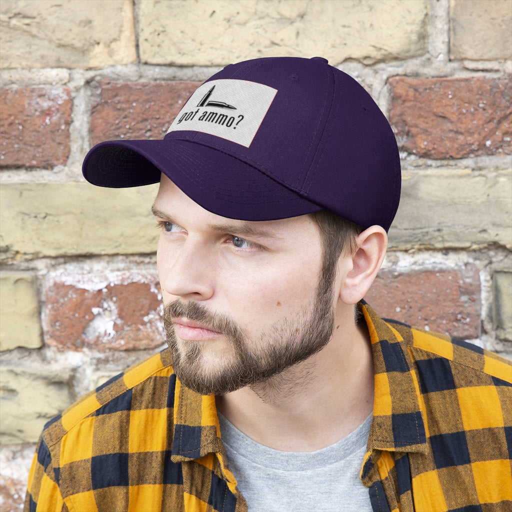 Got Ammo Twill Cap Funny Tactical Style Cap worn by a man with a beard against a brick wall.