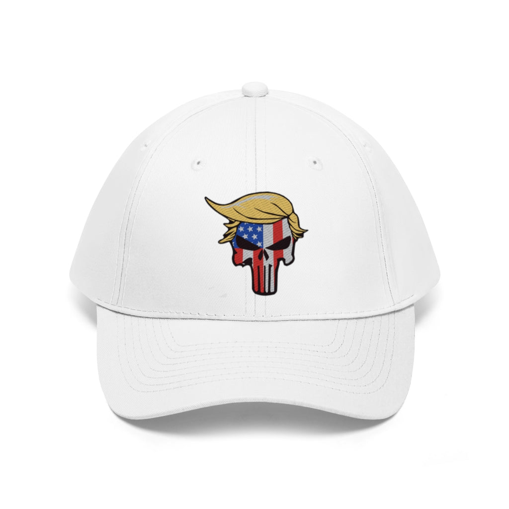 Classic Punisher Twill Cap with Trump Design featuring an iconic graphic on a white hat.