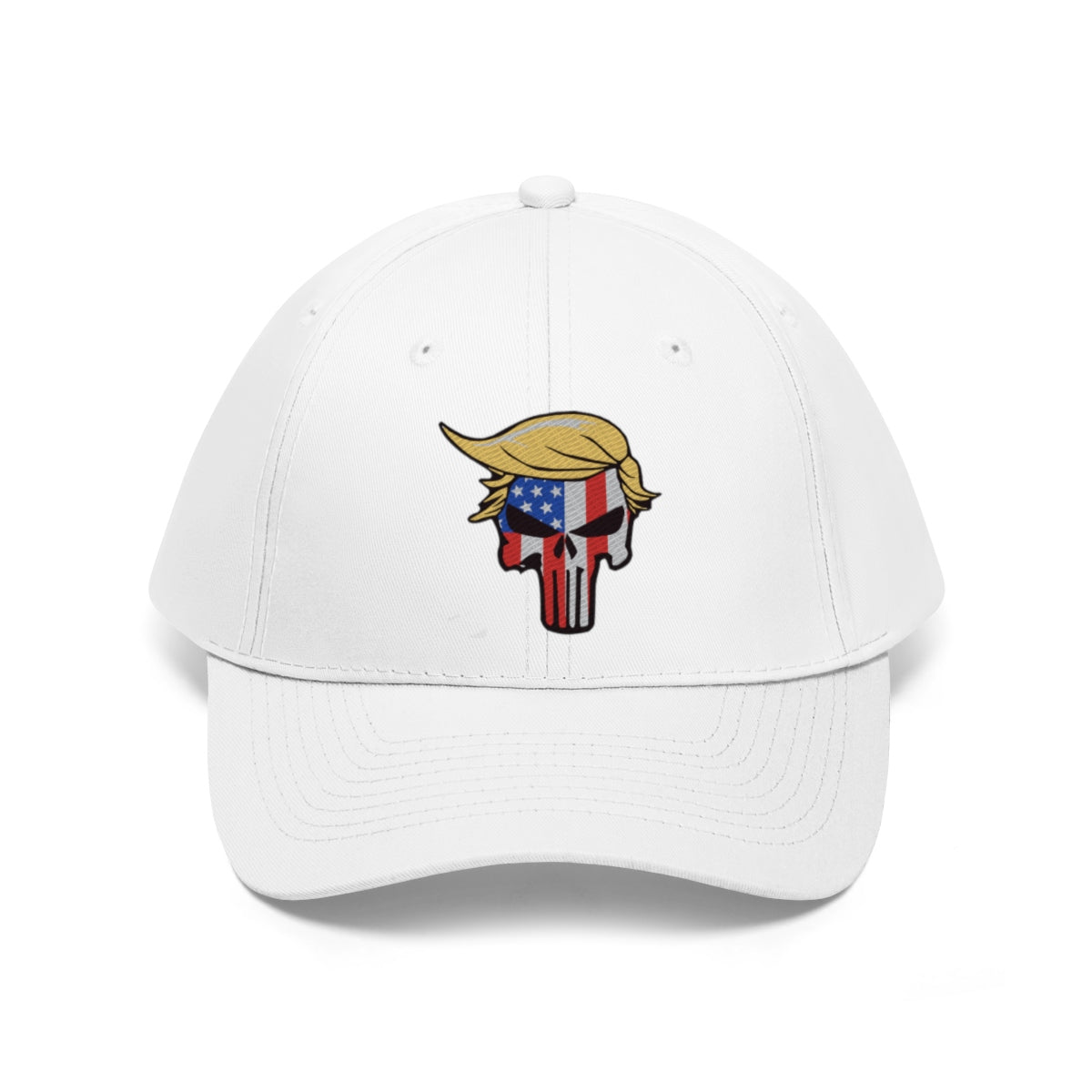 Classic Punisher Twill Cap with Trump Design featuring an iconic graphic on a white hat.