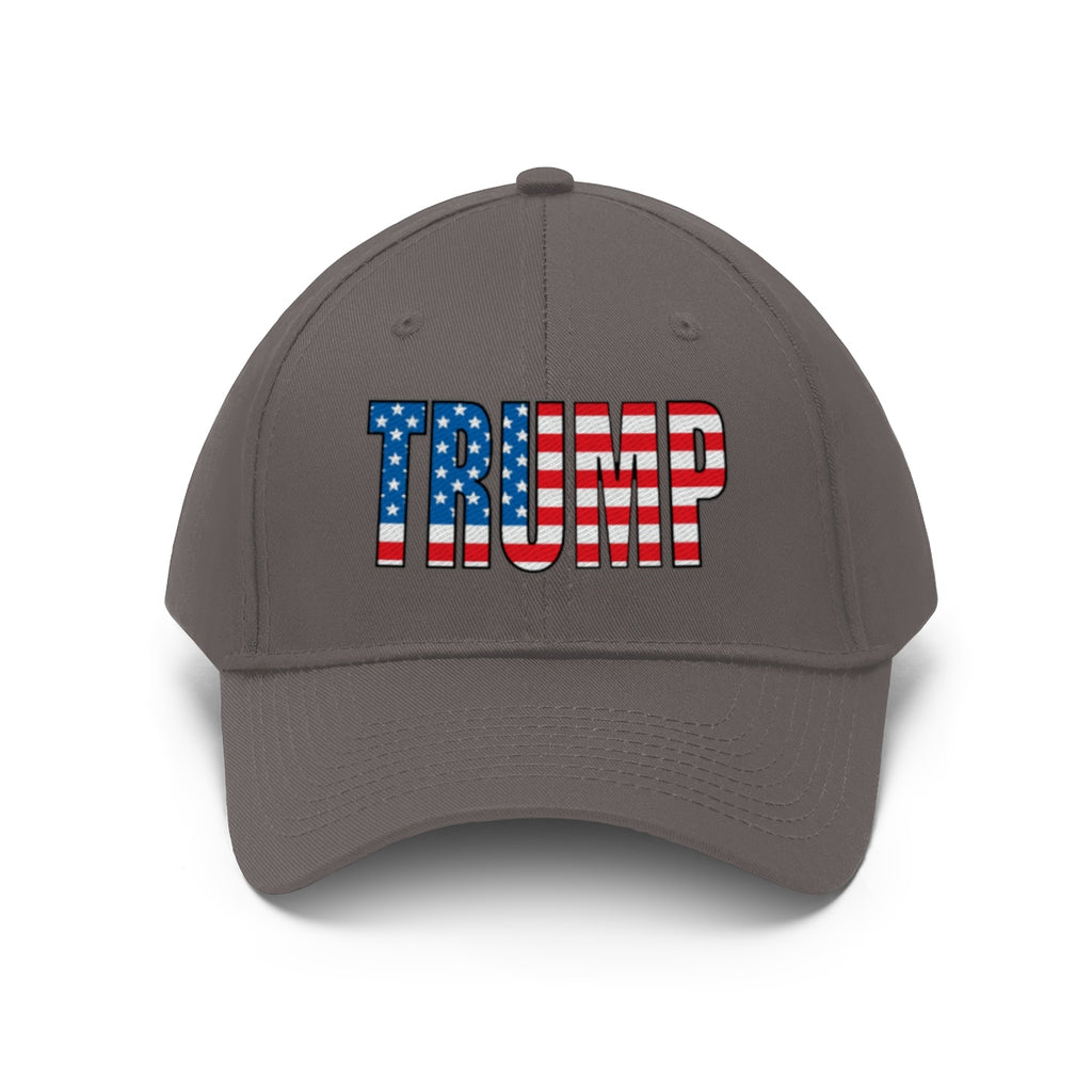 American Flag Twill Cap Patriotic Trump Classic Cap featuring bold 'TRUMP' text with American flag colors.