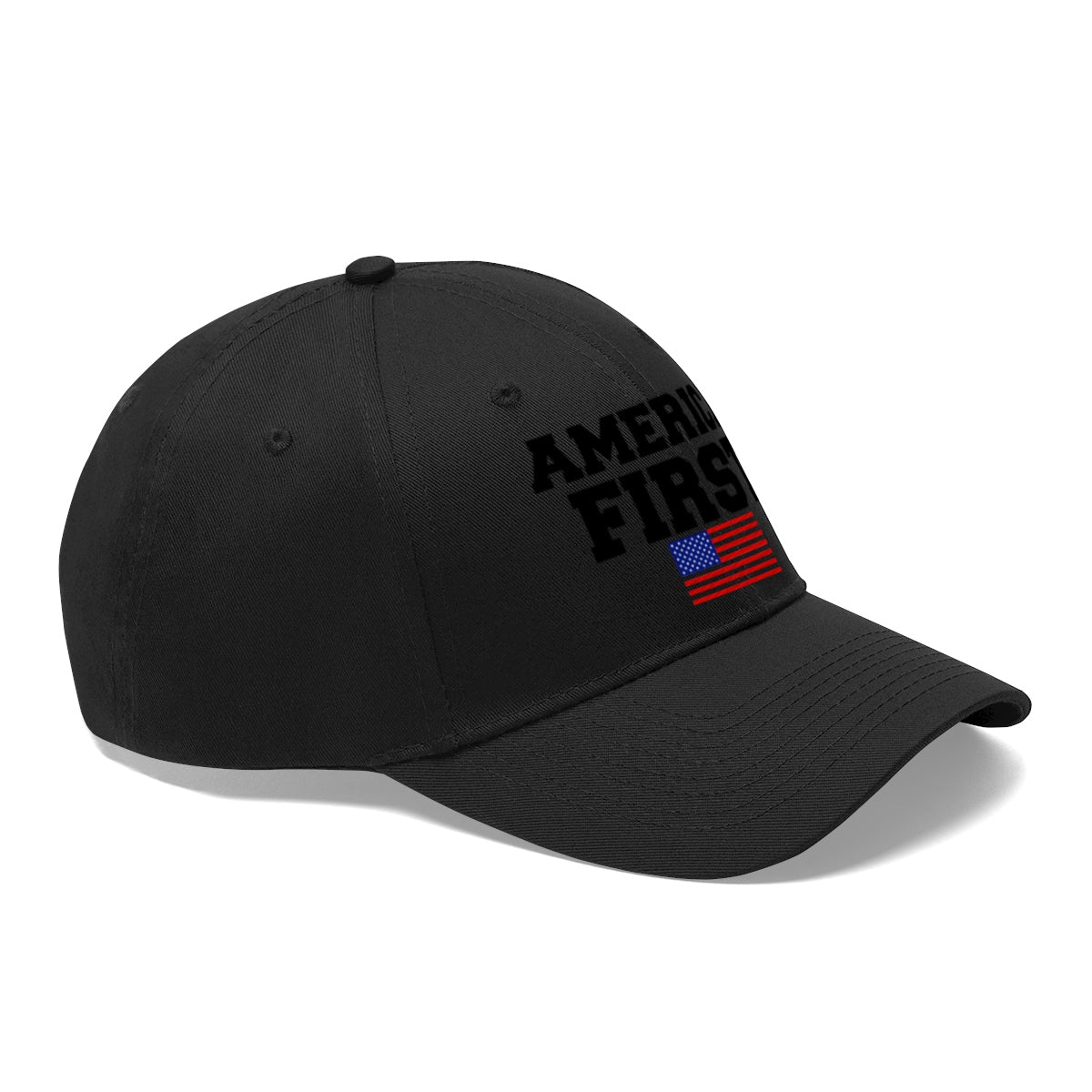 America First Patriotic Twill Cap with black fabric and American flag design.