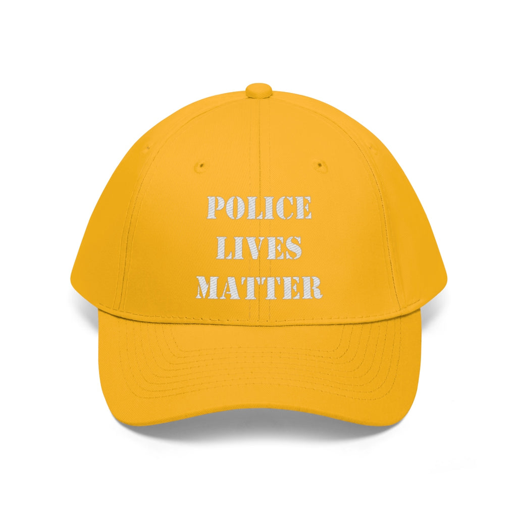 Embroidered Police Lives Matter Twill Cap in bright yellow with bold lettering.