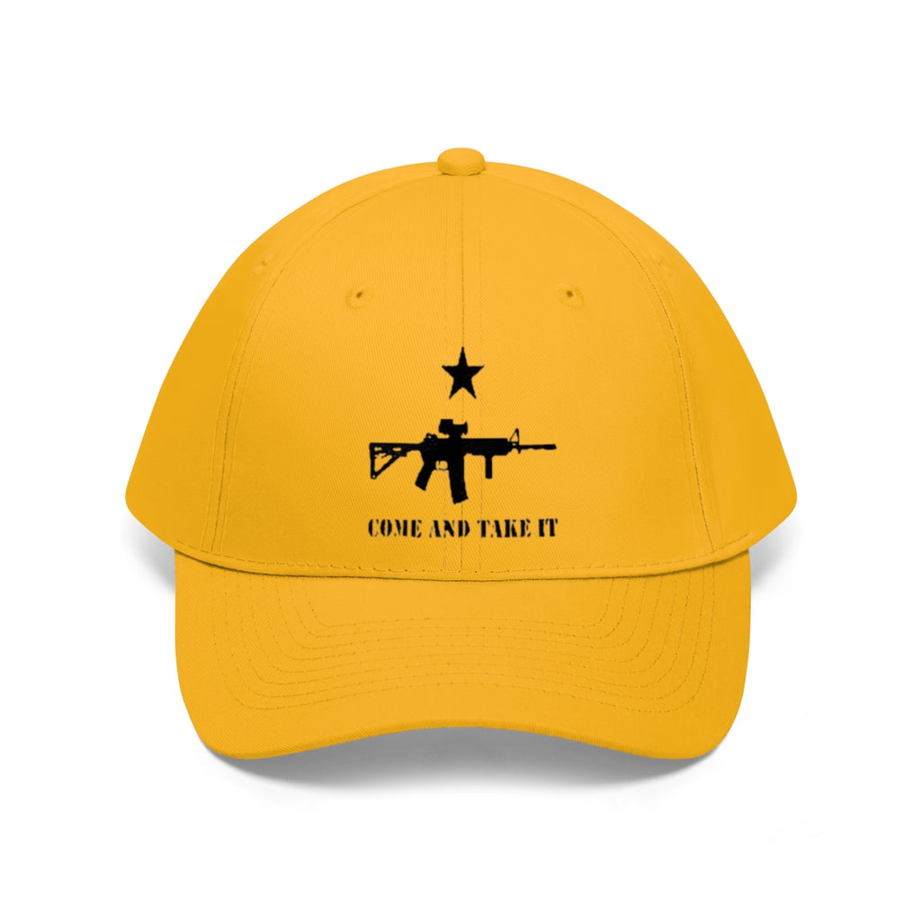 Come And Take It Star Over AR-15 Twill Cap in vibrant yellow with a black star and rifle design.