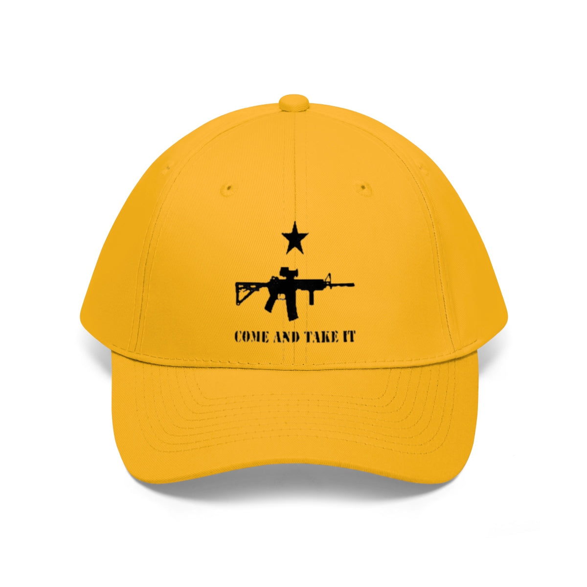 Come And Take It Star Over AR-15 Twill Cap in vibrant yellow with a black star and rifle design.