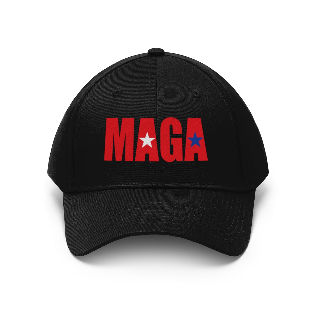 Embroidered MAGA Cotton Twill Cap Design featuring bold red lettering on a black cap background.