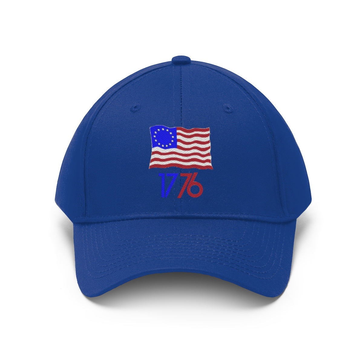 Betsy Ross Flag 1776 Twill Cap featuring American flag design on a blue cap for patriotic style.