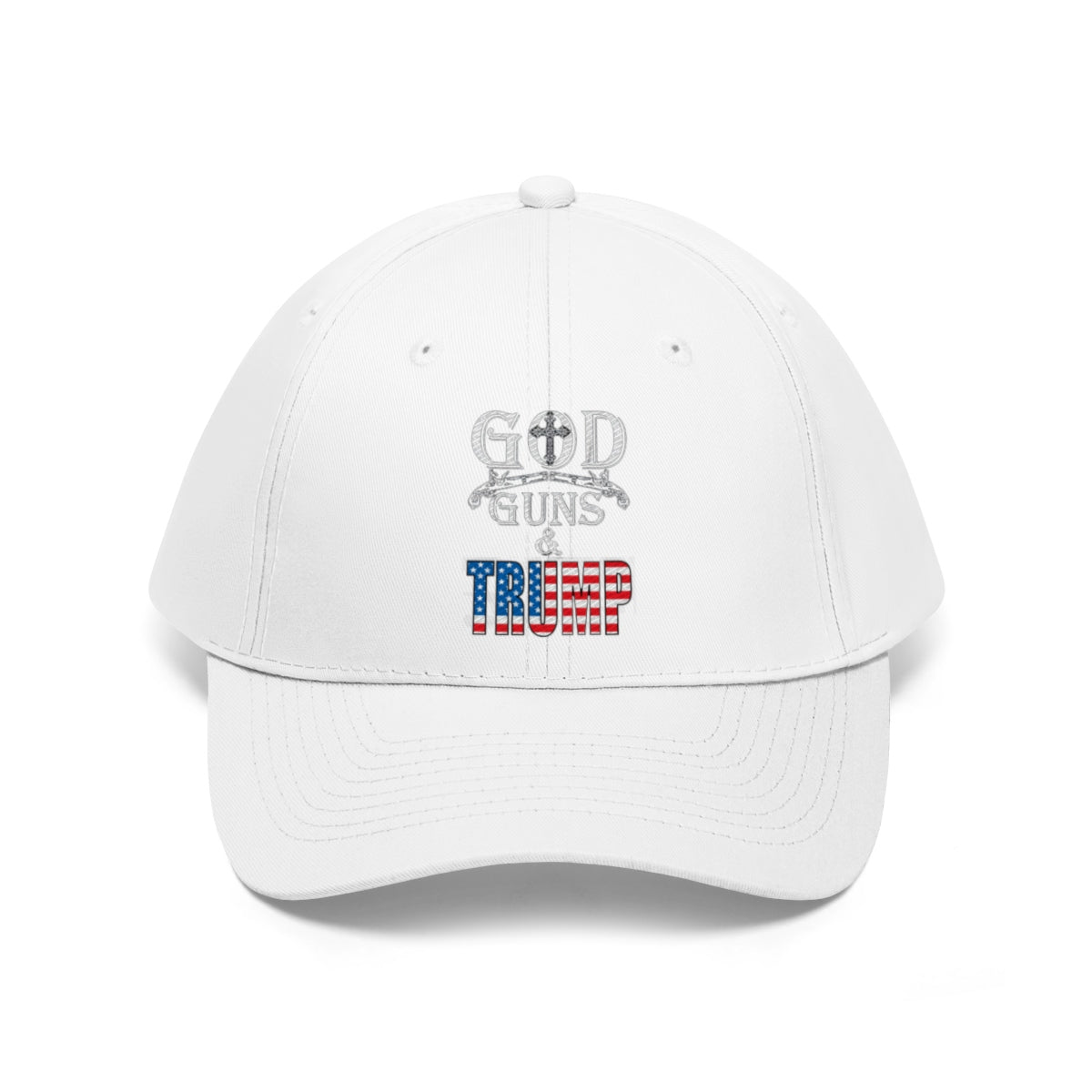 God Guns And Twill Cap Trump Patriotic Statement Hat featuring a white cap with bold lettering.