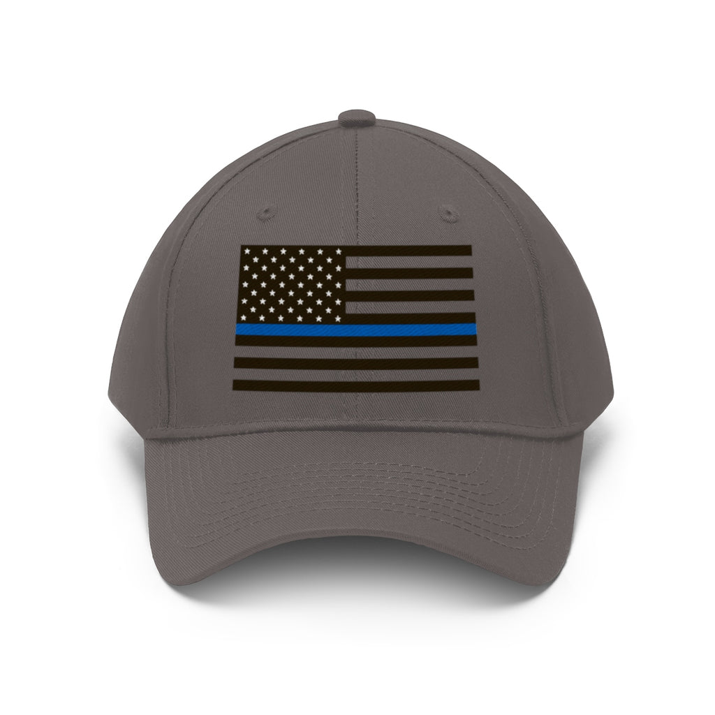 Thin Blue Line American Flag Twill Cap featuring the American flag design with a blue line.