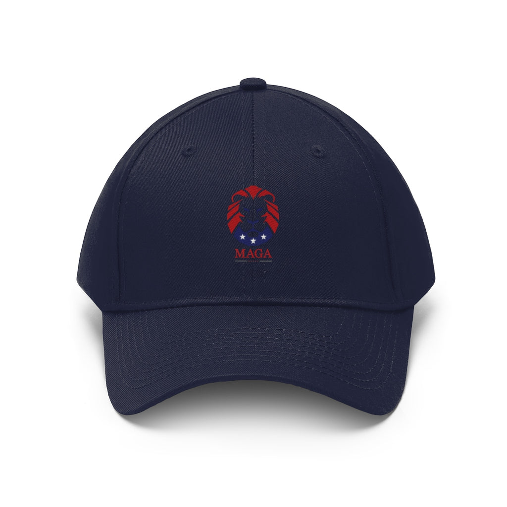 MAGA Lion Embroidered Cotton Twill Cap Design featuring a lion logo and red, white, and blue details.