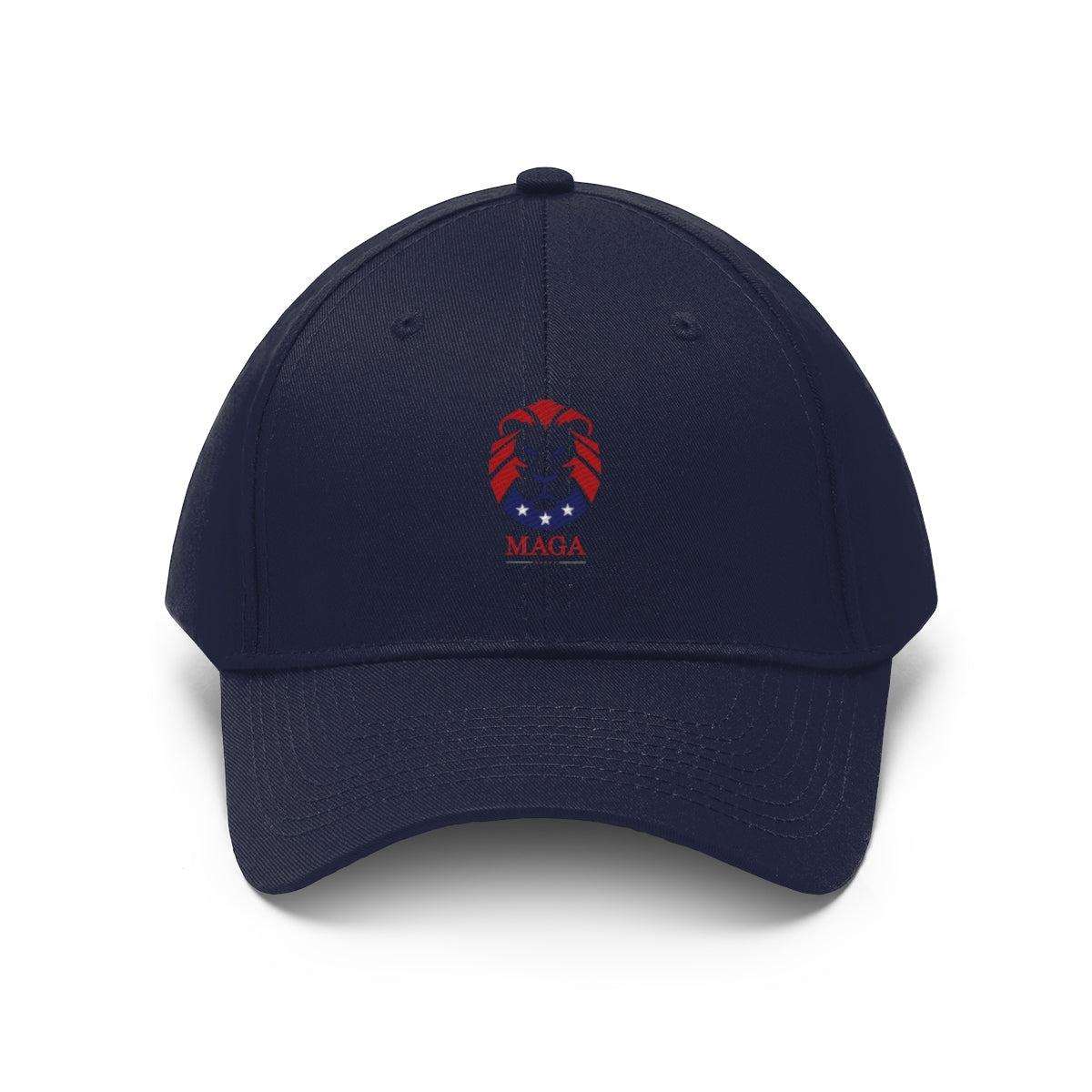 MAGA Lion Embroidered Cotton Twill Cap Design featuring a lion logo and red, white, and blue details.