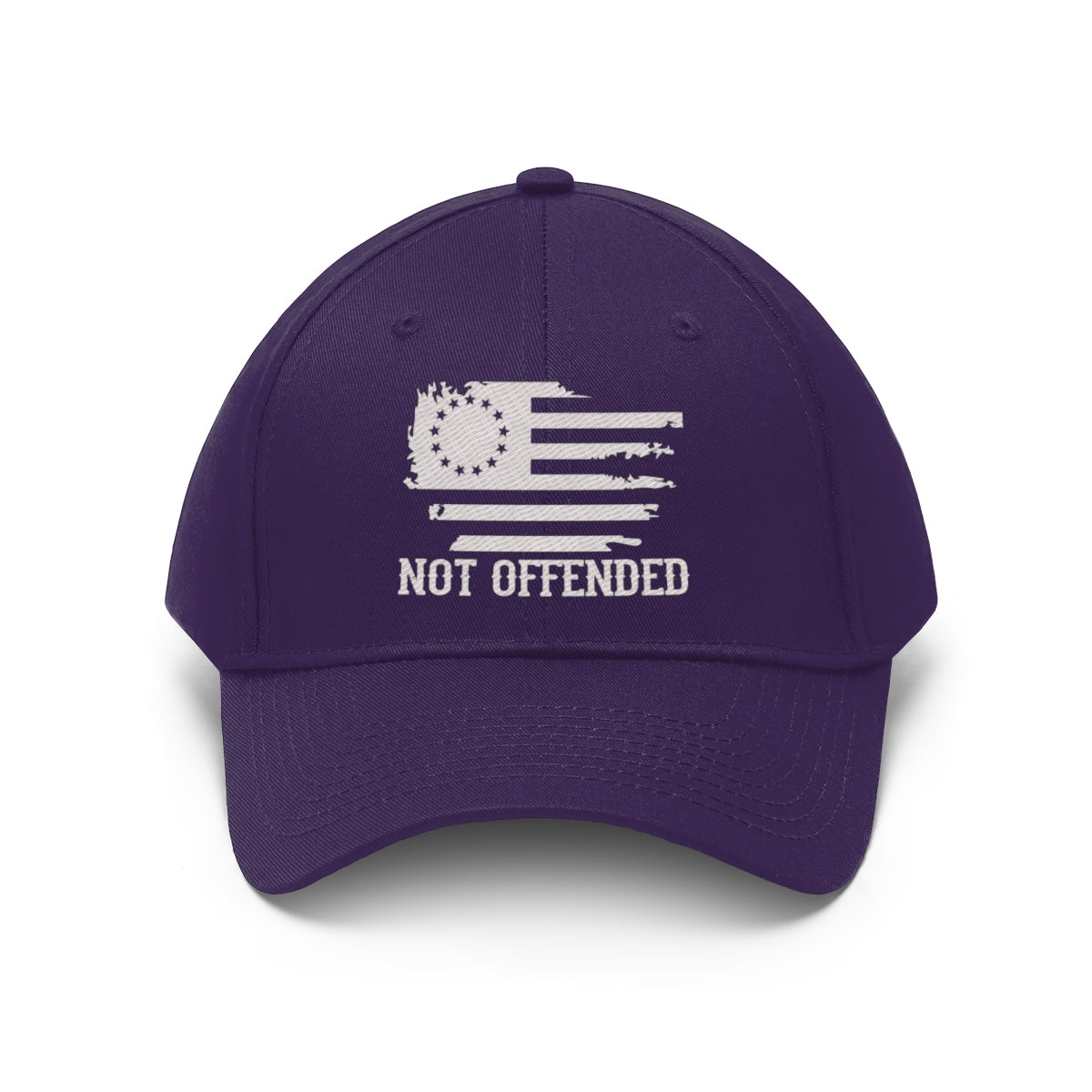 Embroidered Not Offended Adjustable Twill Cap featuring a flag design with 'NOT OFFENDED' text.