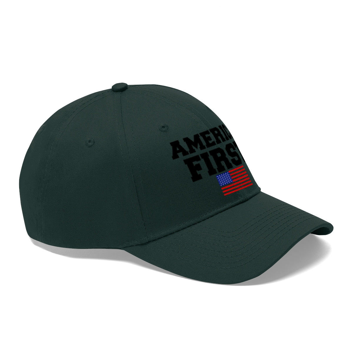 America First Patriotic Twill Cap featuring bold text and American flag design.